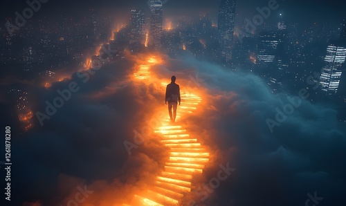 Journey above clouds, Stairway to success in a futuristic cityscape photo