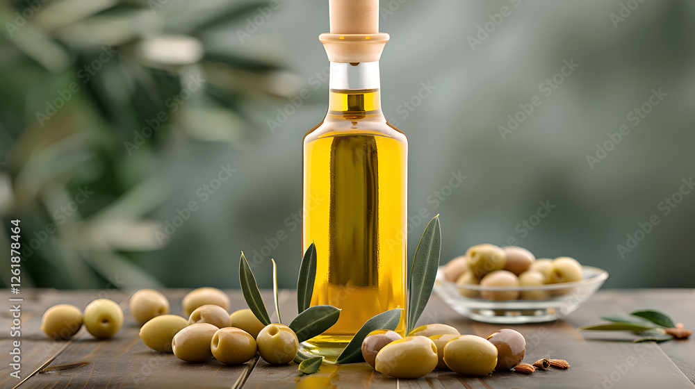 glass bottle of extra virgin olive oil surrounded by fresh olives, showcasing natural beauty glass bottle of extra virgin olive oil surrounded by fresh olives, showcasing natural beauty