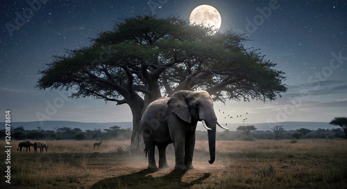 an African elephant standing beneath a massive baobab tree under a full moon