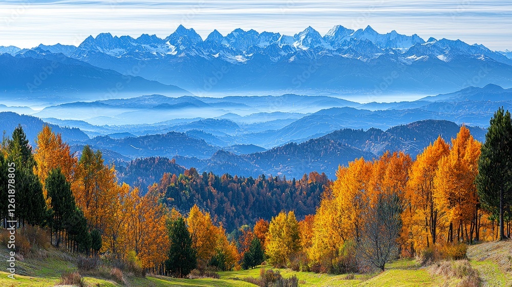 Fototapeta premium Autumnal Mountain Majesty: A breathtaking panoramic view of snow-capped peaks and vibrant fall foliage. Nature's canvas of colors and serenity.