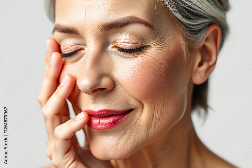 Beautiful senior old woman with closed eyes touching her perfect facial skin. Beautiful senior old woman with closed eyes touching her perfect facial skin.
