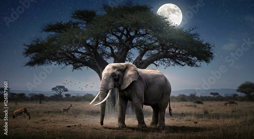 an African elephant standing beneath a massive baobab tree under a full moon