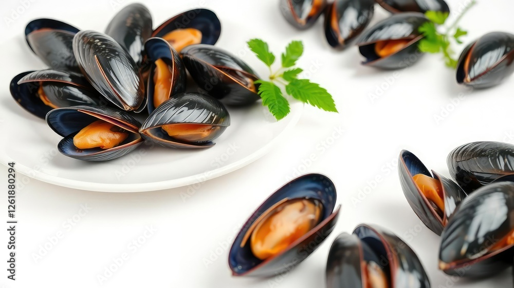 Fresh mussel served on a pristine white plate against a clean white background, gourmet, plate, mussel