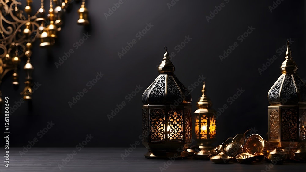Fototapeta premium Ramadan banner with empty space Without Text, Black Luxury background, holiday banner poster background for advertisement ads