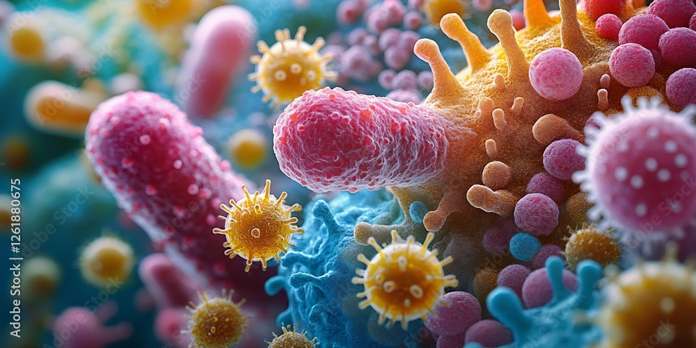 Naklejka premium Microscopic world, A vibrant collection of differently shaped bacteria