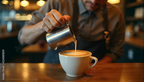 A skilled barista pouring steamed milk into a coffee cup, creating latte art with intricate patterns. Warm lighting enhances the cozy café atmosphere. photo