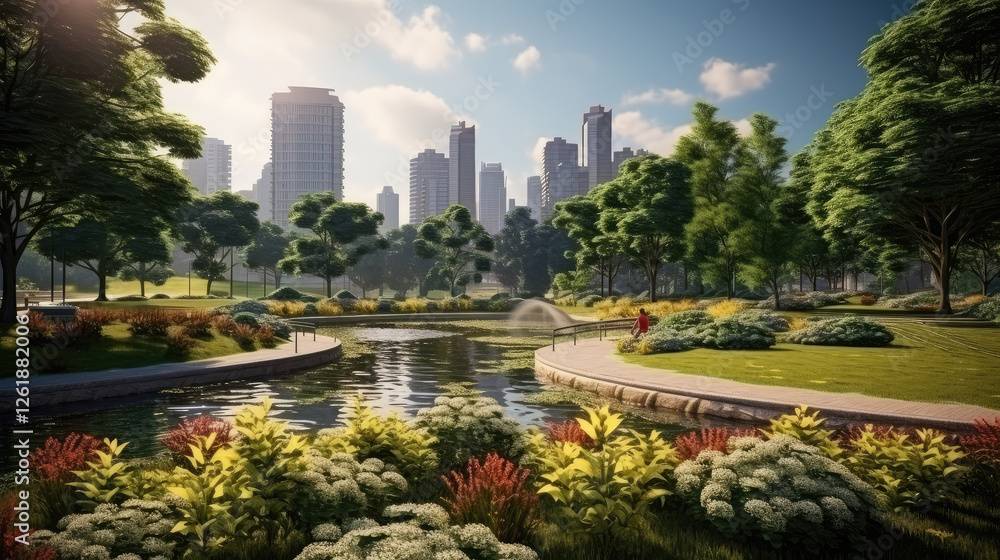 Serene Park Amidst Bustling City Skyscrapers Serene Park Amidst Bustling City Skyscrapers