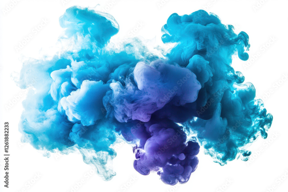 Vibrant blue and purple ink clouds swirl together in a mesmerizing display on a white background. Vibrant blue and purple ink clouds swirl together in a mesmerizing display on a white background.