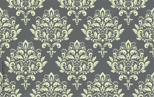 Wallpaper in the style of Baroque. Gray and beige floral ornament. Seamless vector background. Graphic pattern for fabric, wallpaper, packaging. Ornate Damask flower illustration