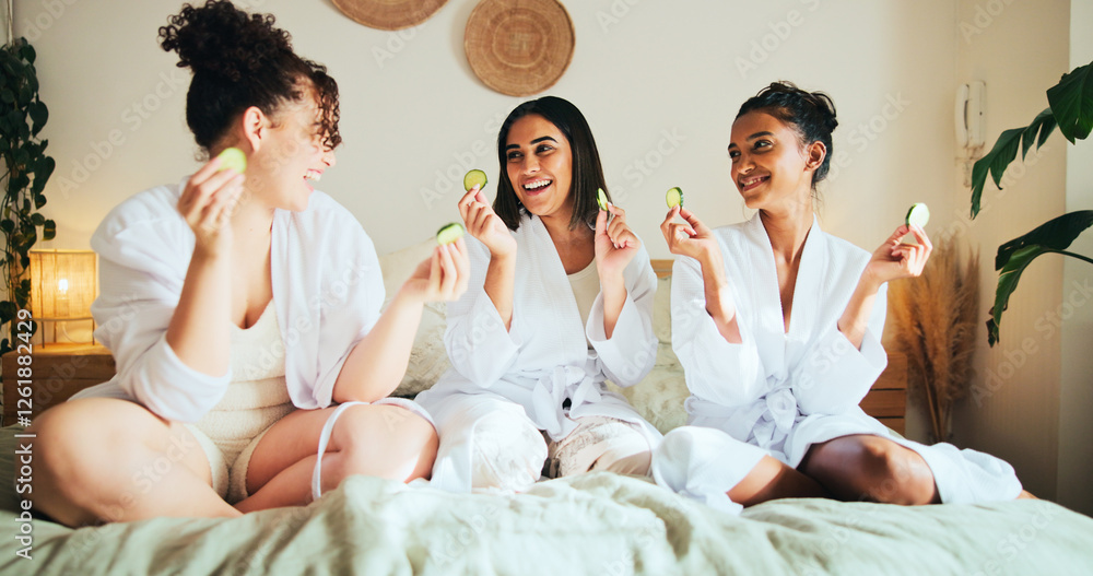 Cucumber, skincare and friends with women in bedroom for beauty, spa day and dermatology. Facial, natural cosmetics treatment and hotel resort with people for self care, luxury and relax together Cucumber, skincare and friends with women in bedroom for beauty, spa day and dermatology. Facial, natural cosmetics treatment and hotel resort with people for self care, luxury and relax together