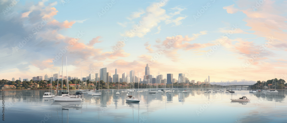 Serene Cityscape at Sunset with Reflective Water Serene Cityscape at Sunset with Reflective Water