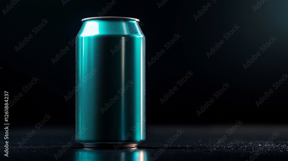 Tall Light Blue Aluminum Can with Water Droplets on Dark Surface Tall Light Blue Aluminum Can with Water Droplets on Dark Surface