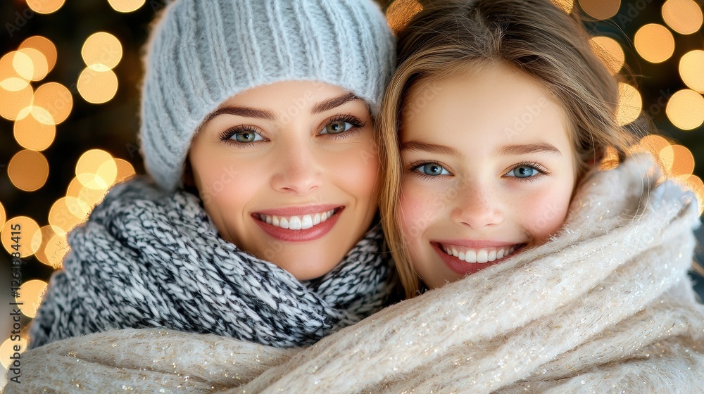 A heartwarming close up portrait of a smiling mother and daughter sharing a cozy affectionate embrace during the winter holiday season The pair exude warmth joy A heartwarming close up portrait of a smiling mother and daughter sharing a cozy affectionate embrace during the winter holiday season The pair exude warmth joy