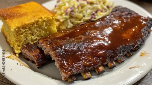 Savor tender St. Louis style ribs, topped with sauce, accompanied by fresh coleslaw and cornbread. photo