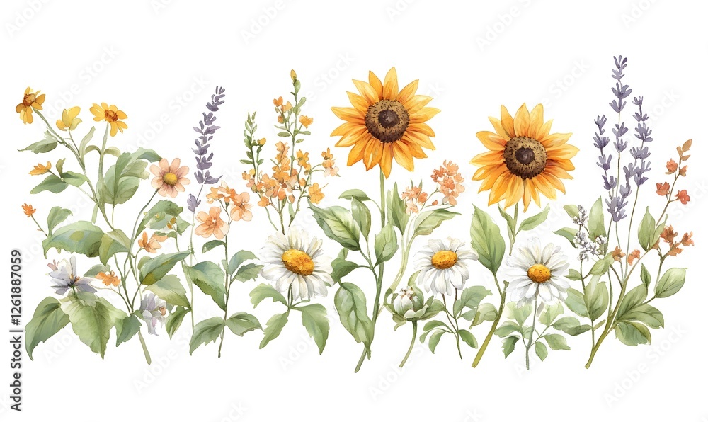 Fototapeta premium watercolour floral borders, sunflowers, wildflowers, lavender, daisies, leaves, Generative AI