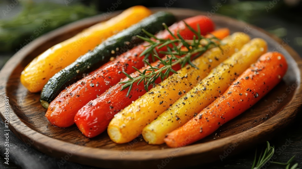 Aromatic roasted vegetables, including zucchini, carrots, and bell peppers, served on a wooden platter for a vibrant dish. Aromatic roasted vegetables, including zucchini, carrots, and bell peppers, served on a wooden platter for a vibrant dish.