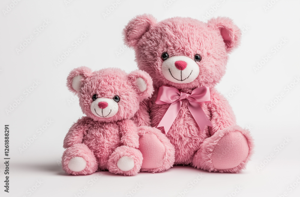 Two pink teddy bears with white ears and black eyes, sitting side by side on a plain background Two pink teddy bears with white ears and black eyes, sitting side by side on a plain background