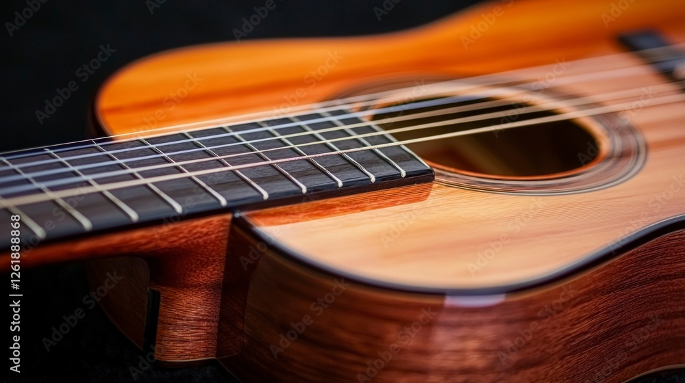 Fototapeta premium Close-Up of a Brown Acoustic Guitar with Polished Wood and Strings