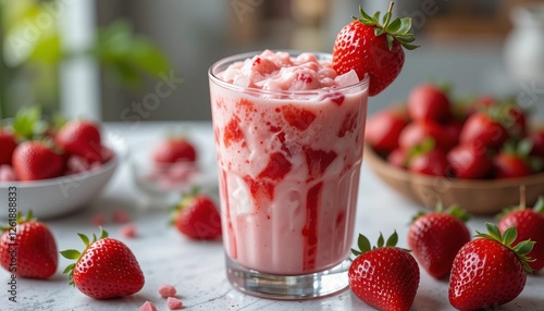 Strawberry smoothie in a glass on a wooden table with fresh strawberries nearby