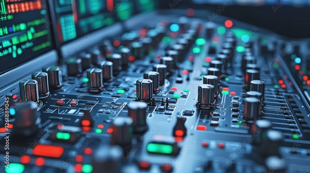 Close Up of a Complex Metallic Control Panel with Red and Green Indicator Lights Close Up of a Complex Metallic Control Panel with Red and Green Indicator Lights