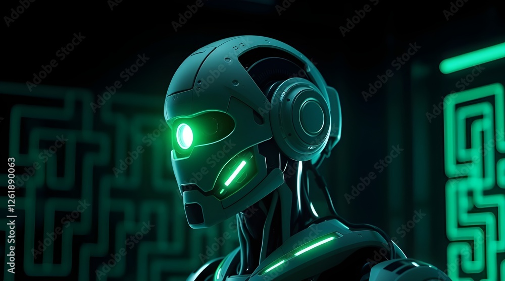 Humanoid robot with a green light and maze background. Advanced technology and space elements are prominent. Humanoid robot with a green light and maze background. Advanced technology and space elements are prominent.