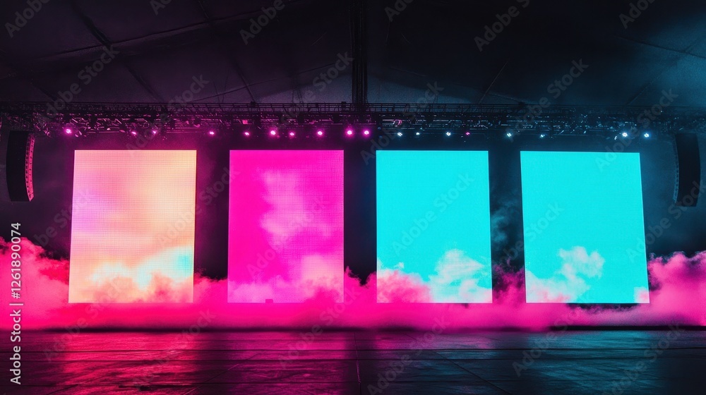 Fototapeta premium The image features vibrant illuminated screens in pink and blue, surrounded by fog, creating a dynamic and colorful atmosphere.