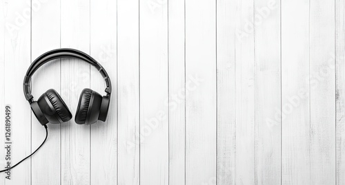 Black headphones on a white wooden surface photo