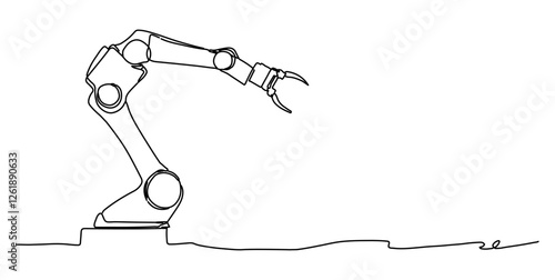 Created with single continuous lines of a robotic arm in a minimalist drawing style. Outline style drawing of a fashionable mechanical robot.