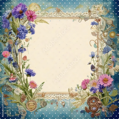 ヴィンテージスクラップブック, ノスタルジックデザイン, アンティークスタイル, 水彩イラスト, 小花, フラワーモチーフ, ブルーム, 繊細なレース, ドット柄, ヴィンテージジュエリー, ペールブルー, ホワイトカラー, 優しい色合い