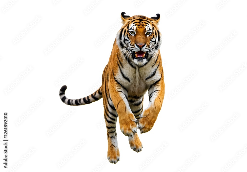 Obraz premium Powerful Tiger in a Leaping Pose Against a White Background 