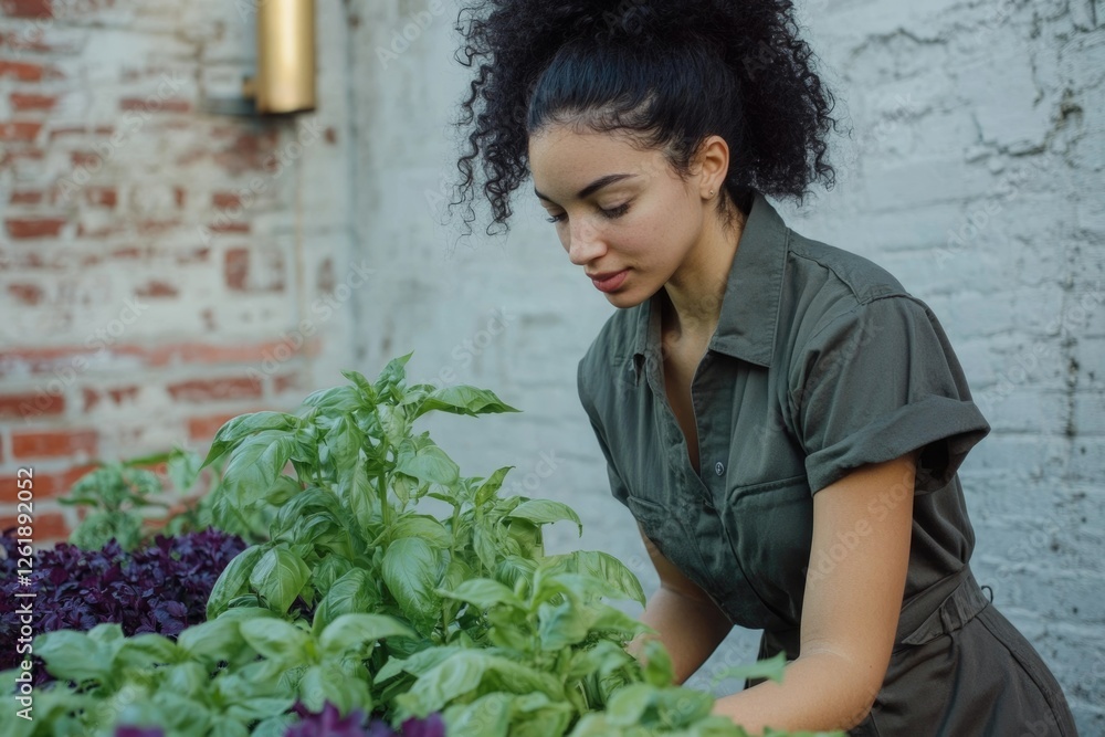 A young woman tending to a vibrant basil plant in an urban garden. A young woman tending to a vibrant basil plant in an urban garden.