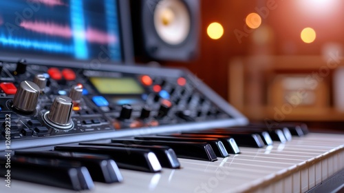 A cozy and well equipped home studio setup for a music producer featuring a sleek mixing console keyboard and various audio equipment needed for music recording editing and production