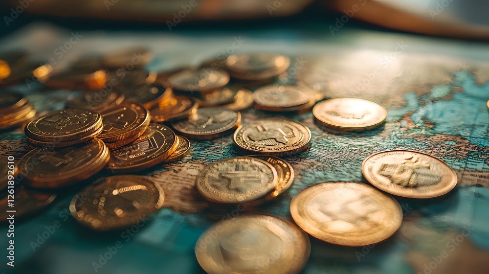 Global Cryptocurrency Investment Golden Coins on World Map Global Cryptocurrency Investment Golden Coins on World Map