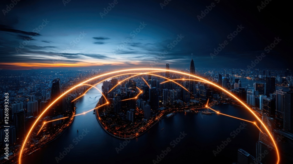 Obraz premium Aerial view of a vibrant illuminated cityscape showcasing the intricate web of global connectivity and technology driven growth This dynamic image captures the pulse of a thriving urban center