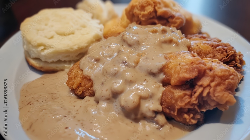 Golden Southern fried chicken with fluffy biscuits and rich, savory gravy for the ultimate comfort food experience. Golden Southern fried chicken with fluffy biscuits and rich, savory gravy for the ultimate comfort food experience.