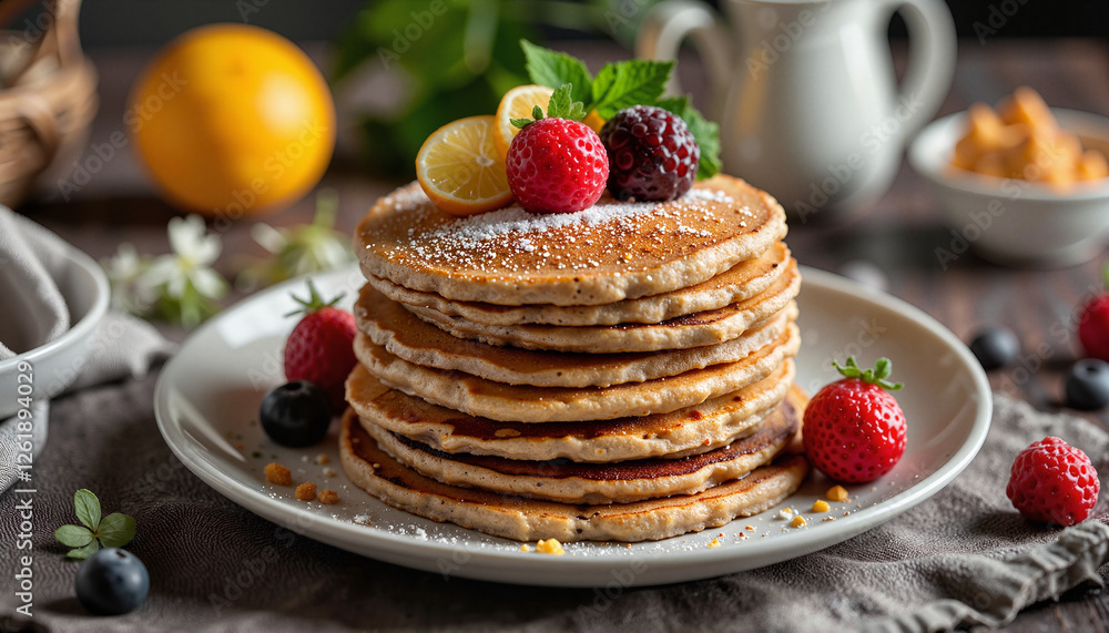 Gourmet buckwheat pancakes stack garnished with fruits, rustic breakfast Gourmet buckwheat pancakes stack garnished with fruits, rustic breakfast