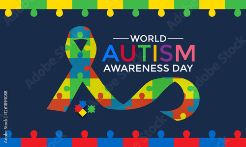 Vector graphic of colorful puzzle World autism awareness day social media post banner design template. Vector graphic of colorful puzzle with child and Realistic ribbon. Vector illustration.