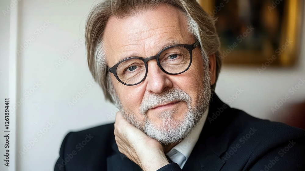 Mature man with glasses thoughtful expression hand on chin Mature man with glasses thoughtful expression hand on chin