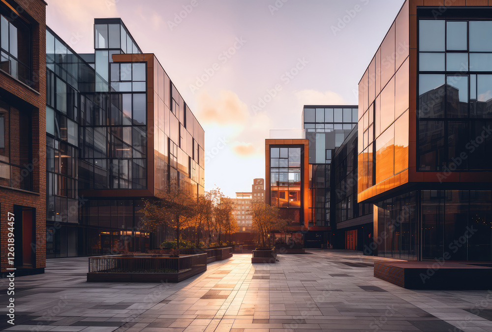 Fototapeta premium Modern Office Buildings at Sunset in Urban Area