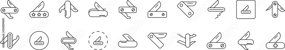 Collection of Camping Related Line Icons. Folding Knife Outline Signs for Graphic and Web Design, Apps, Adverts, Various Cards Collection of Camping Related Line Icons. Folding Knife Outline Signs for Graphic and Web Design, Apps, Adverts, Various Cards