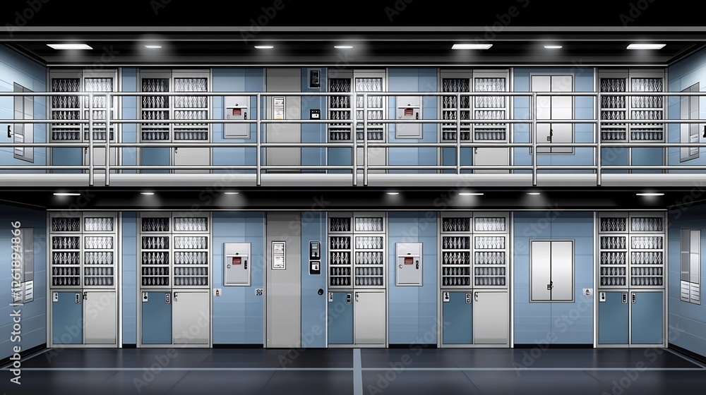 Cold steel prison cells gleam under harsh fluorescent light. AI Generated Cold steel prison cells gleam under harsh fluorescent light. AI Generated