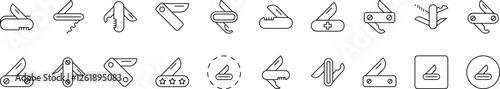 Camping Bundle of Related Line Icons. Folding Knife Outline Signs for Graphic and Web Design, Apps, Adverts, Various Cards