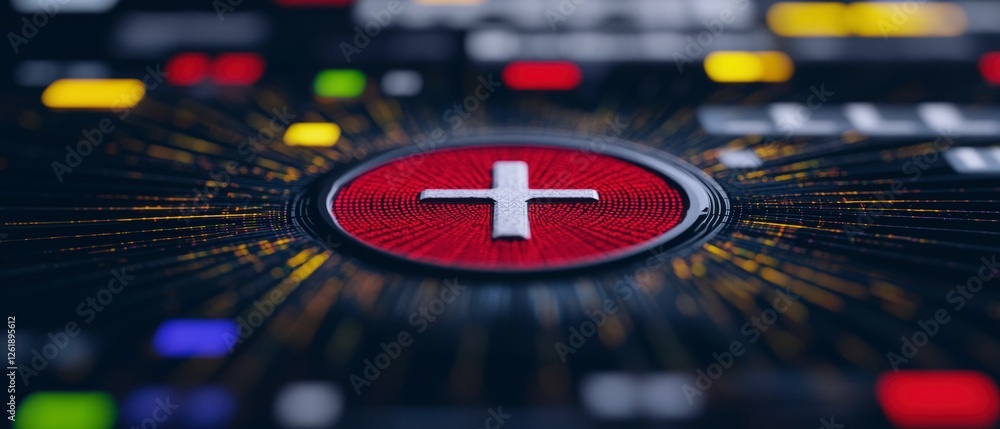 Obraz premium Closeup of a Red Circular Button with a White Plus Symbol on a Technological Background