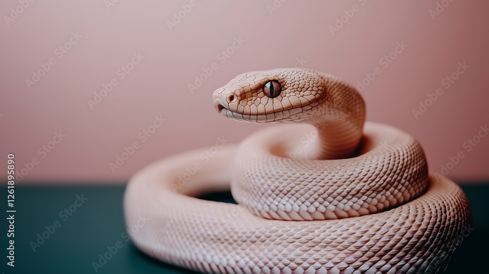 Fototapeta premium Closeup of a White Spotted Snake on a Teal Surface Against a Pink Background