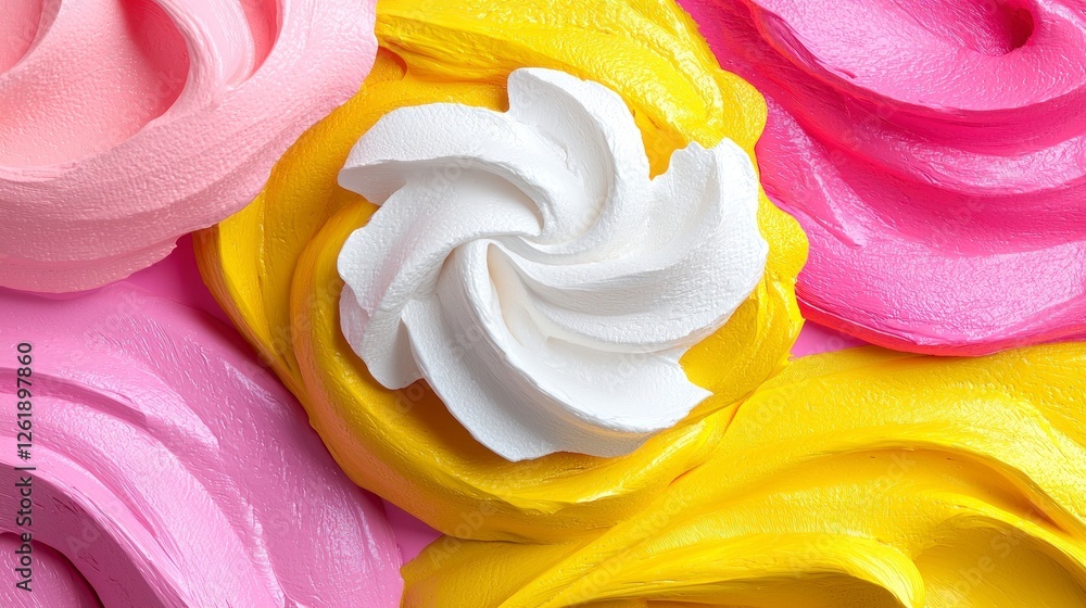 Closeup of Pink Yellow and White Swirled Merengue Dessert with Glitter Closeup of Pink Yellow and White Swirled Merengue Dessert with Glitter