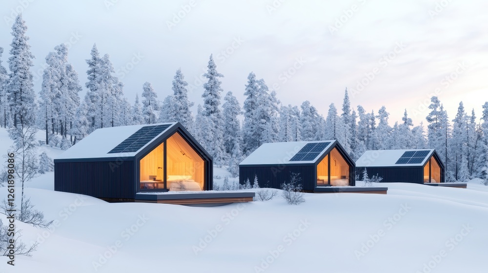 A serene winter landscape featuring modern cabins nestled in snow-covered terrain, with warm light glowing from their large windows. A serene winter landscape featuring modern cabins nestled in snow-covered terrain, with warm light glowing from their large windows.