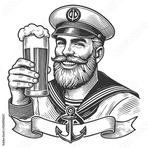 Bearded Sailor Toasting with Beer engraving vector