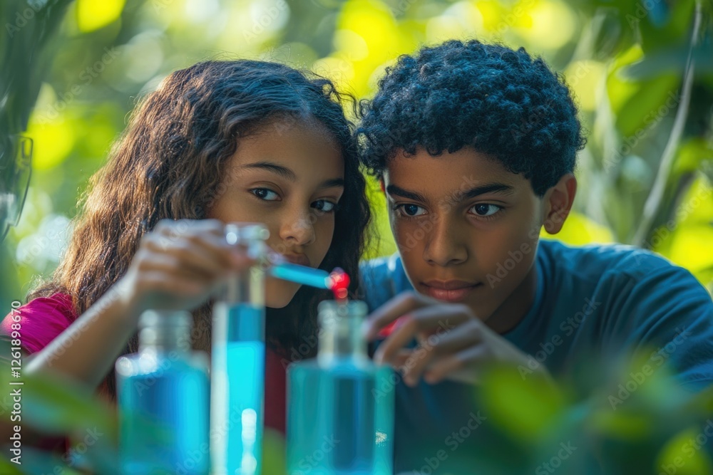 Obraz premium Two children, a girl and a boy, conduct a science experiment outdoors, carefully observing a chemical reaction in beakers.