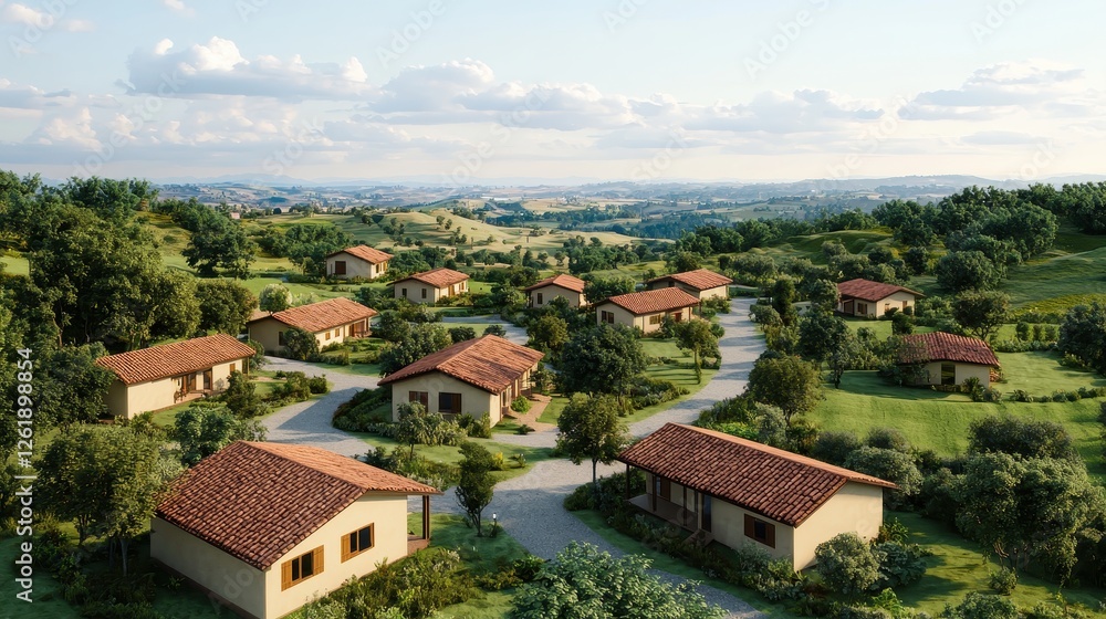 A serene countryside village featuring cozy homes, lush greenery, and rolling hills under a bright, sunny sky. A serene countryside village featuring cozy homes, lush greenery, and rolling hills under a bright, sunny sky.