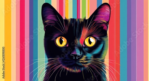 A vector illustration of an elegant cat's face with black fur and yellow eyes, set against a colorful background